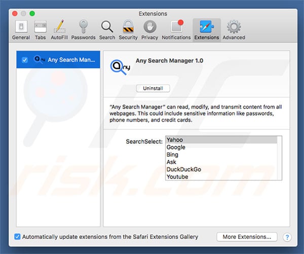 Any Search Manager browser hijacker Safari extensies