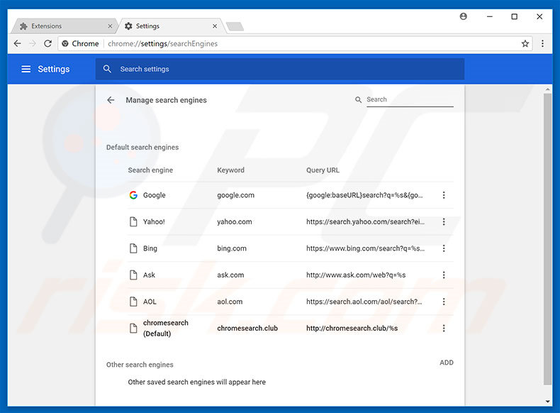 Verwijder chromesearch.club als standaard zoekmachine in Google Chrome