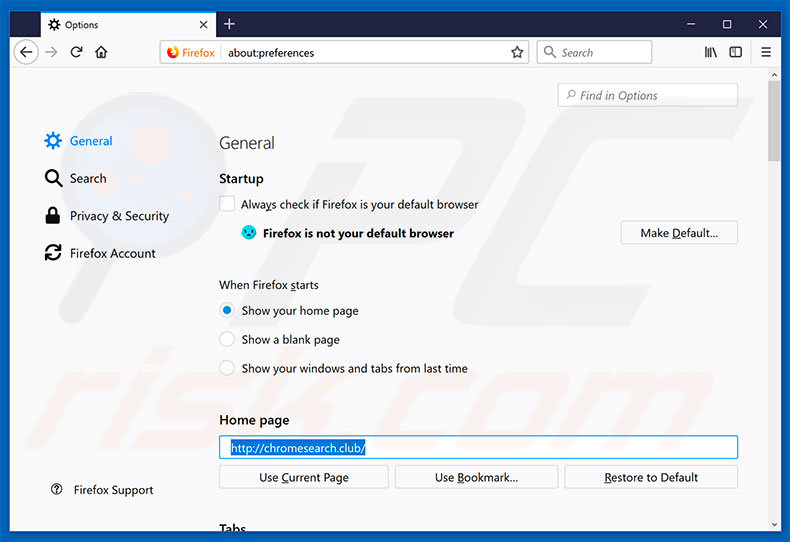 Verwijder chromesearch.club als startpagina in Mozilla Firefox
