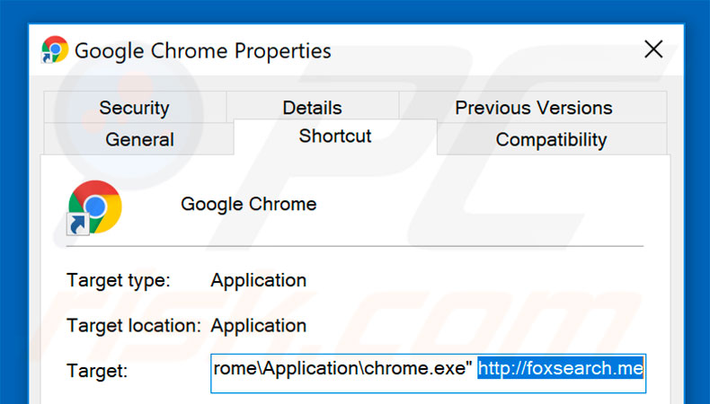 Verwijder foxsearch.me als doel van de Google Chrome snelkoppeling stap 2