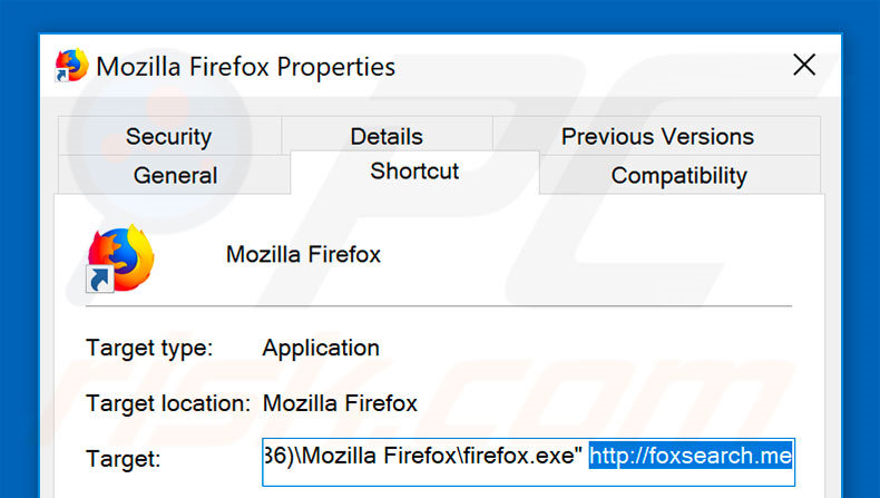 Verwijder foxsearch.me als doel van de Mozilla Firefox snelkoppeling stap 2