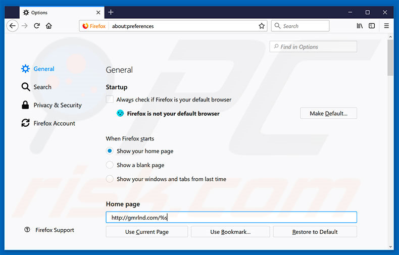 Verwijder gmrlnd.com als startpagina in Mozilla Firefox