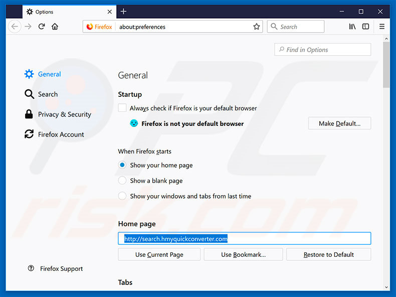 Verwijder search.hmyquickconverter.com als startpagina in Mozilla Firefox