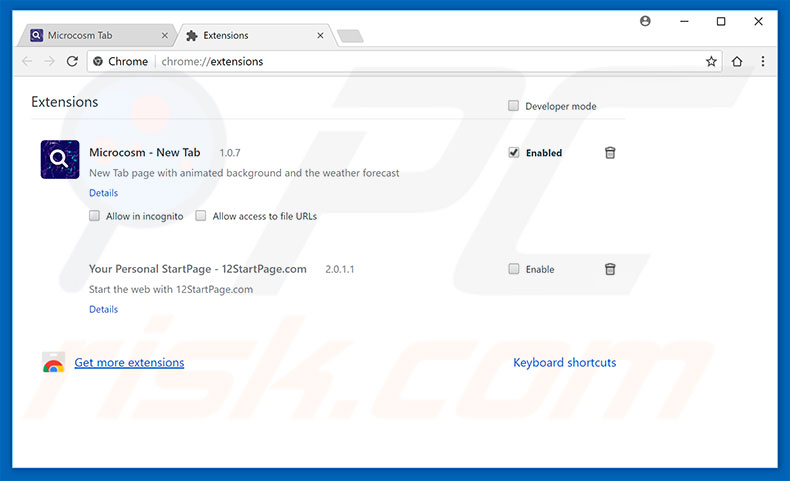 Verwijder aan search.microcosmtab.com gerelateerde Google Chrome extensies