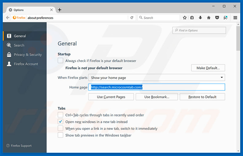 Verwijder search.microcosmtab.com als startpagina in Mozilla Firefox