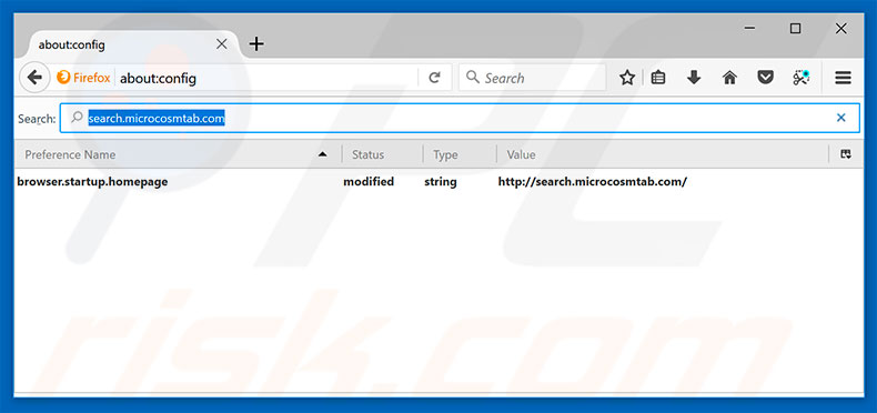 Verwijder search.microcosmtab.com als standaard zoekmachine in Mozilla Firefox
