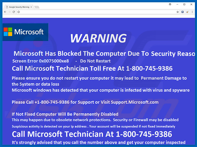 Website weergegeven Microsoft Has Blocked The Computer scam
