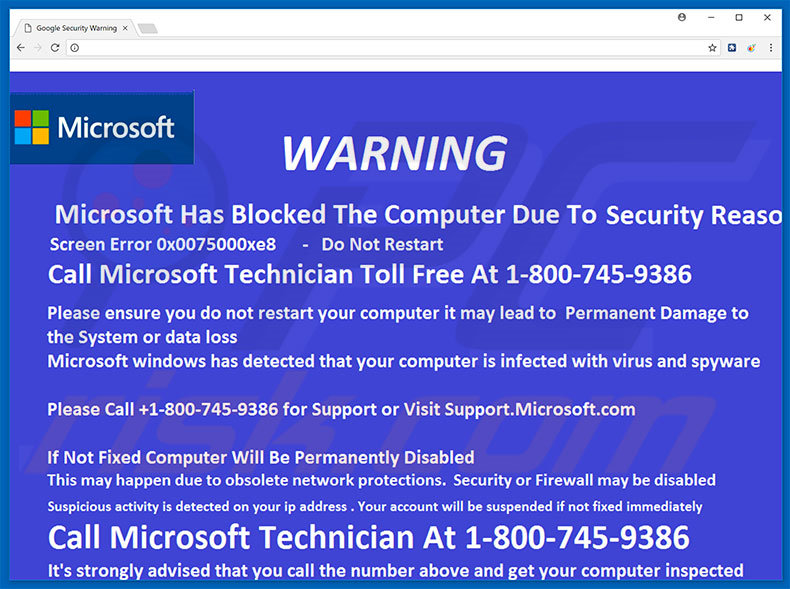 Website weergegeven Microsoft Has Blocked The Computer scam