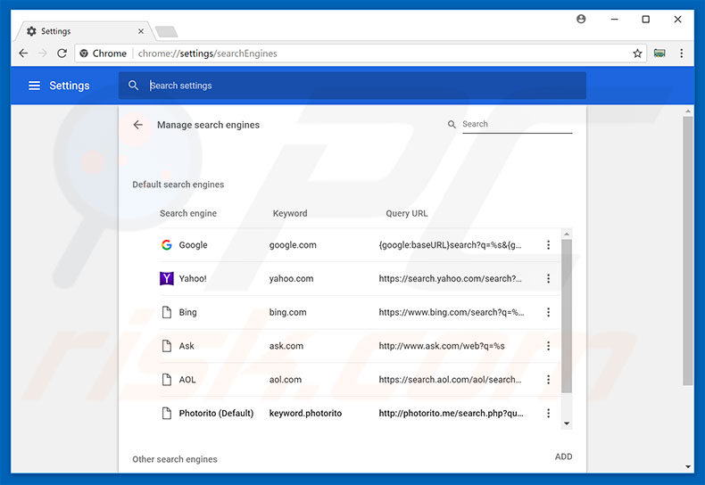 Verwijder photorito.me als standaard zoekmachine in Google Chrome