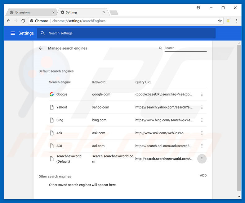 Verwijder search.searchnewworld.com als standaard zoekmachine in Google Chrome