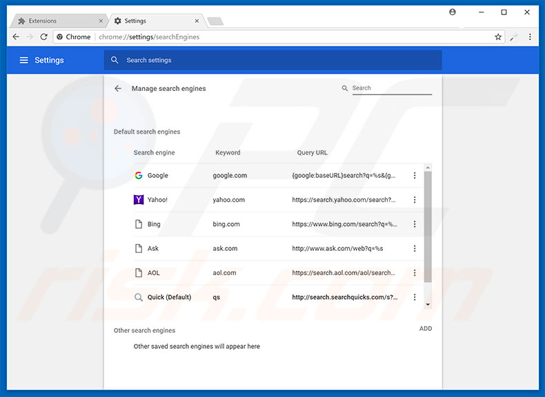 Verwijder search.searchquicks.com als standaard zoekmachine in Google Chrome