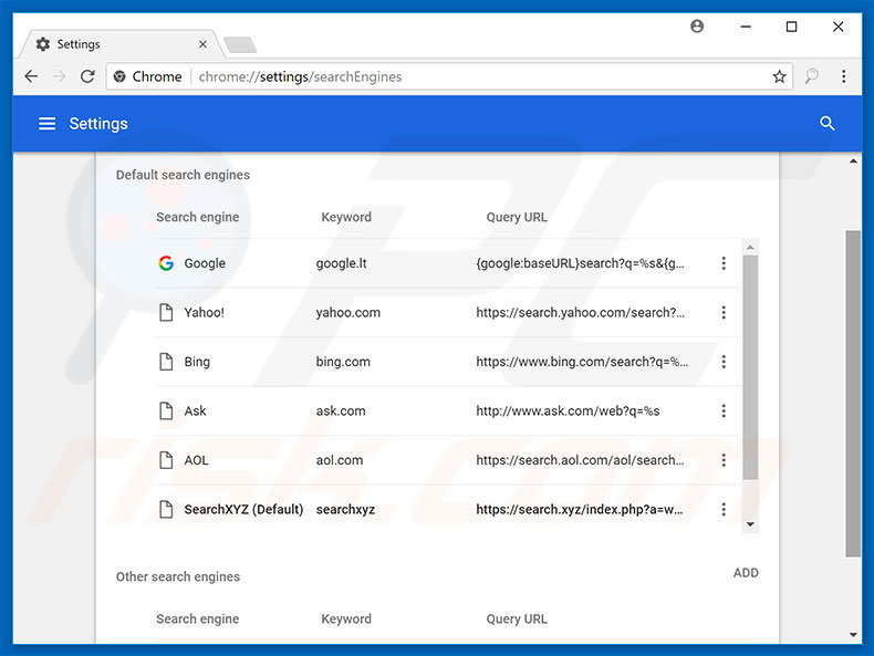 Verwijder search.xyz als standaard zoekmachine in Google Chrome