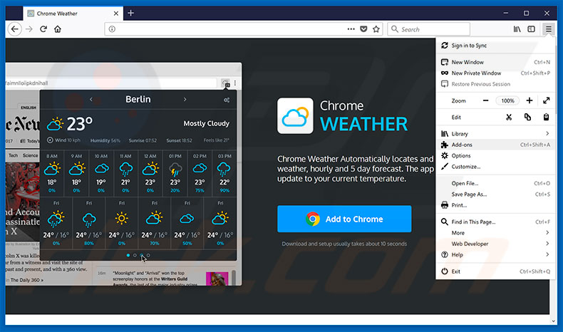 Verwijder de Weather For Chrome advertenties uit Mozilla Firefox stap 1