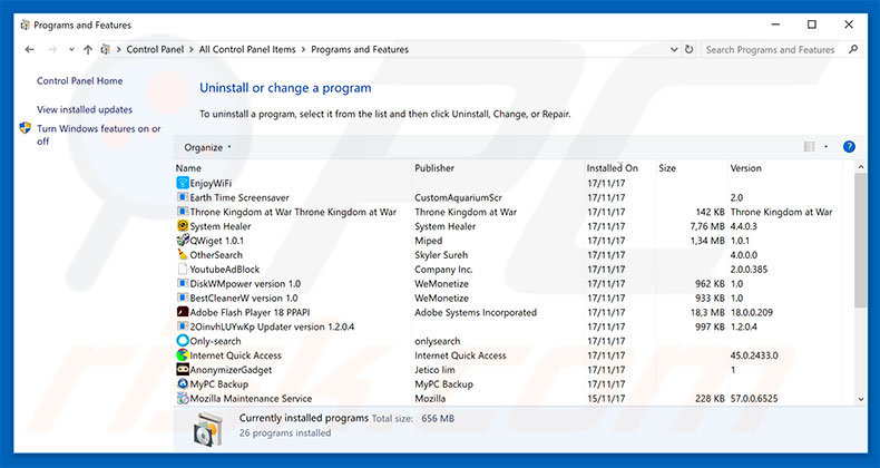 Windows Detected ZEUS Virus adware verwijdering via het Controle Paneel