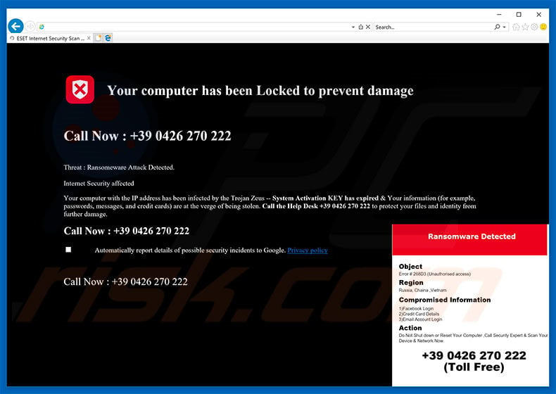 Your Computer Has Been Locked To Prevent Damage adware