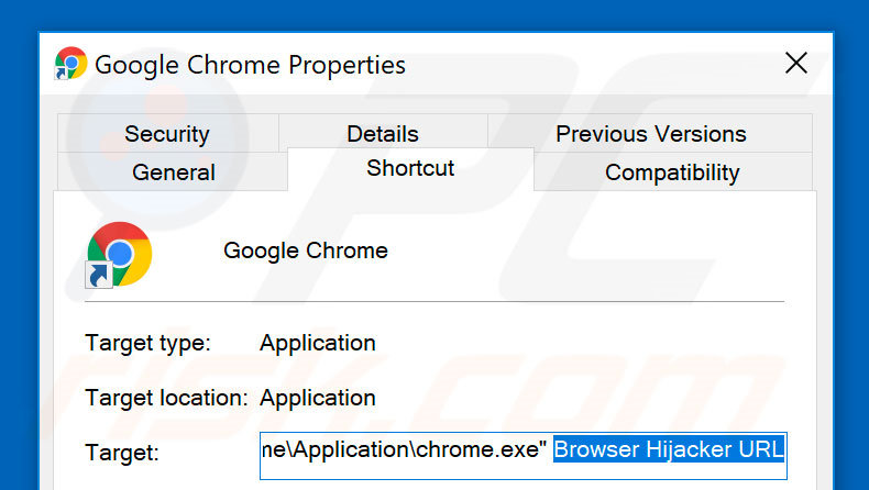 Verwijder de browser hijacker als doel van de Google Chrome snelkoppeling stap 2