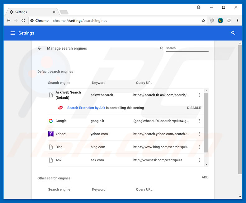 Verwijder de browser hijacker als standaard zoekmachine in Google Chrome