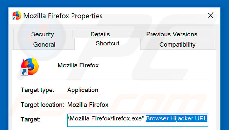 Verwijder de browser hijacker als doel van Mozilla Firefox snelkoppeling stap 2