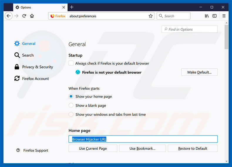 Verwijder de browser hijacker als startpagina in Mozilla Firefox