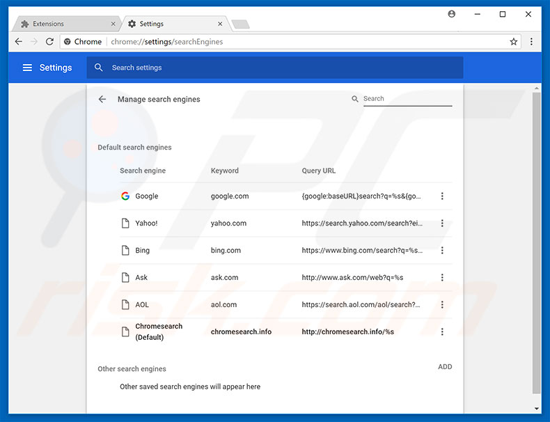 Removing chromesearch.info from Google Chrome default search engine