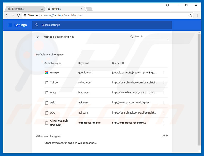 Removing chromesearch.info from Google Chrome default search engine