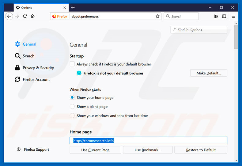 Verwijder chromesearch.info als startpagina in Mozilla Firefox