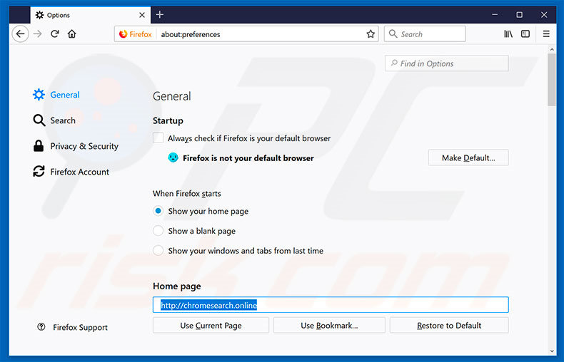 Verwijder chromesearch.online als startpagina in Mozilla Firefox