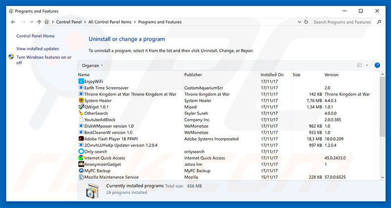 chromesearch.online browser hijacker verwijdering via het Controle Paneel