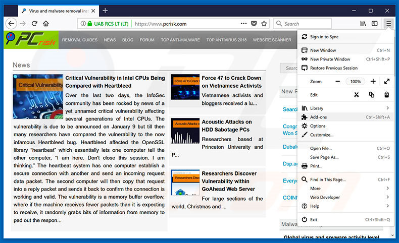 Verwijder Deceptive site ahead uit Mozilla Firefox stap 1
