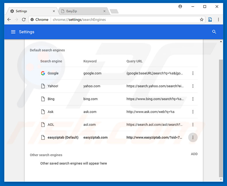 Verwijder easyziptab.com uit Google Chrome standaardzoekmachine