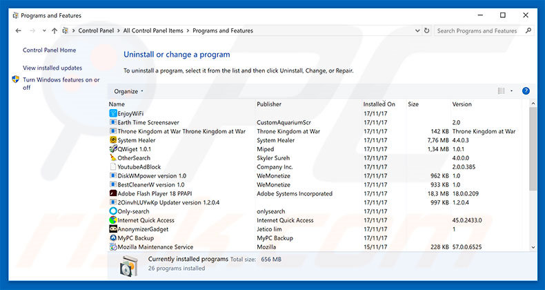 FileRepMalware adware verwijdering via het Controle Paneel