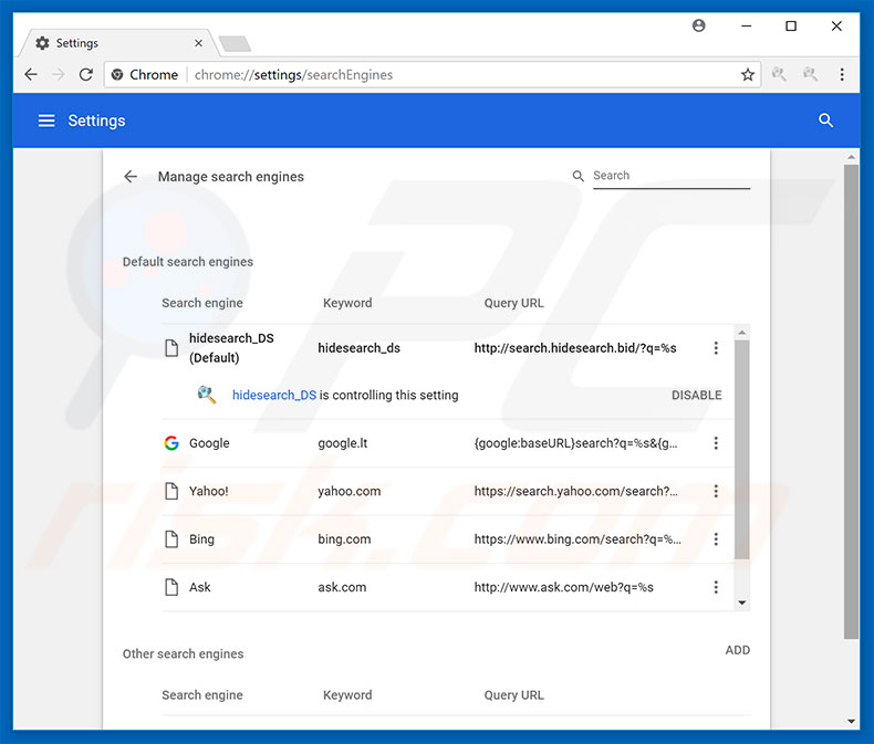 Verwijderen van search.hidesearch.bid uit de standaard zoekmachine van Google Chrome