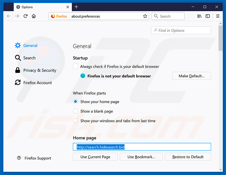 Search.hidesearch.bid verwijderen van Mozilla Firefox homepage