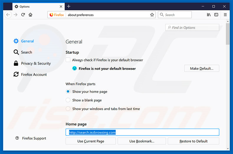 Verwijder search.iezbrowsing.com als startpagina in Mozilla Firefox