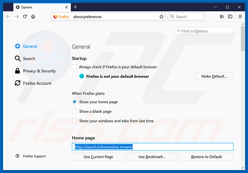 Verwijder search.kshowonline.stream als startpagina in Firefox