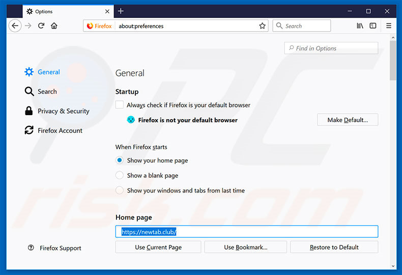 Verwijder newtab.club als startpagina in Mozilla Firefox