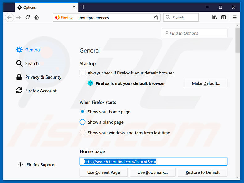 Verwijder search.tapufind.com als startpagina in Mozilla Firefox