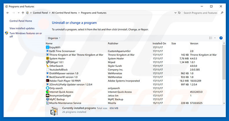 Your Browser Has Been Blocked Based On Your Security Preferences adware verwijdering via het Controle Paneel