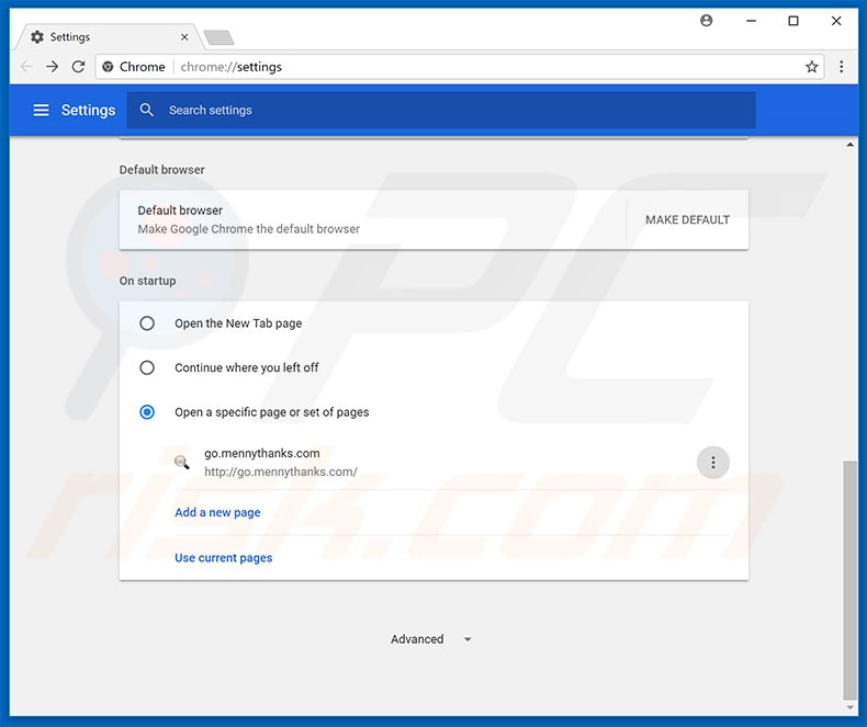 Verwijder go.mennythanks.com als startpagina in Google Chrome