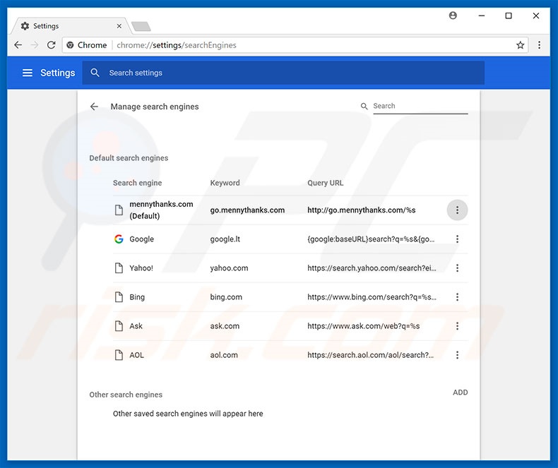 Verwijder go.mennythanks.com als standaard zoekmachine in Google Chrome