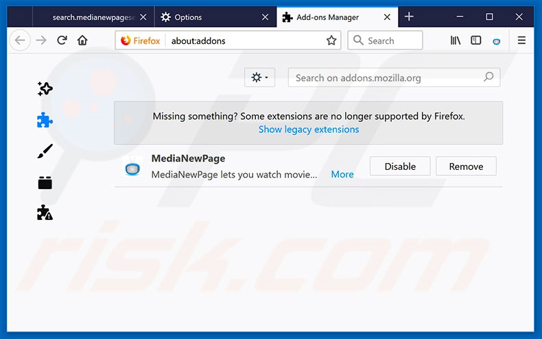 Verwijder aan go.mennythanks.com gerelateerde Mozilla Firefox extensies