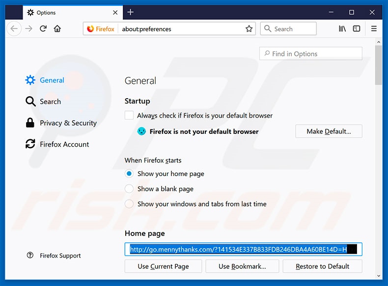 Verwijder go.mennythanks.com als startpagina in Mozilla Firefox