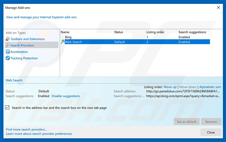 Verwijder go.paradiskus.com als standaard zoekmachine in Internet Explorer