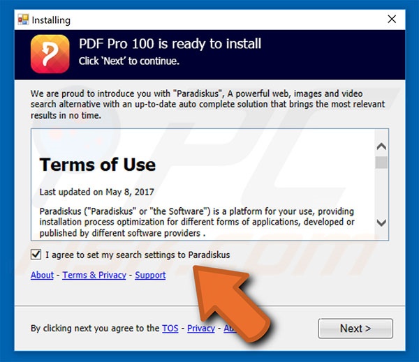 Officiële PDF Pro 100 browser hijacker installer