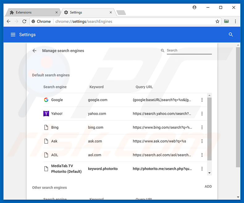 Verwijder search.mediatabtv.online als standaard zoekmachine in Google Chrome