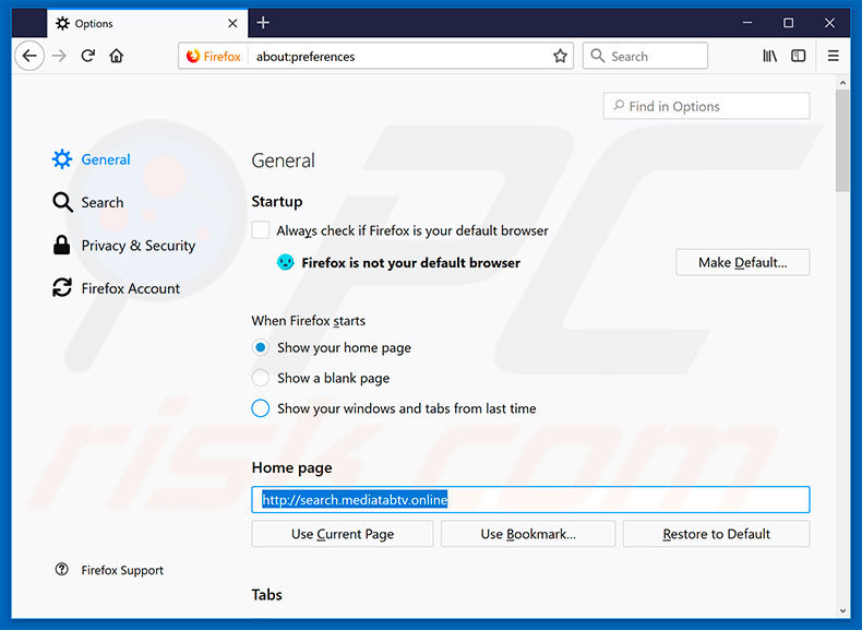 Verwijder search.mediatabtv.online als startpagina in Mozilla Firefox