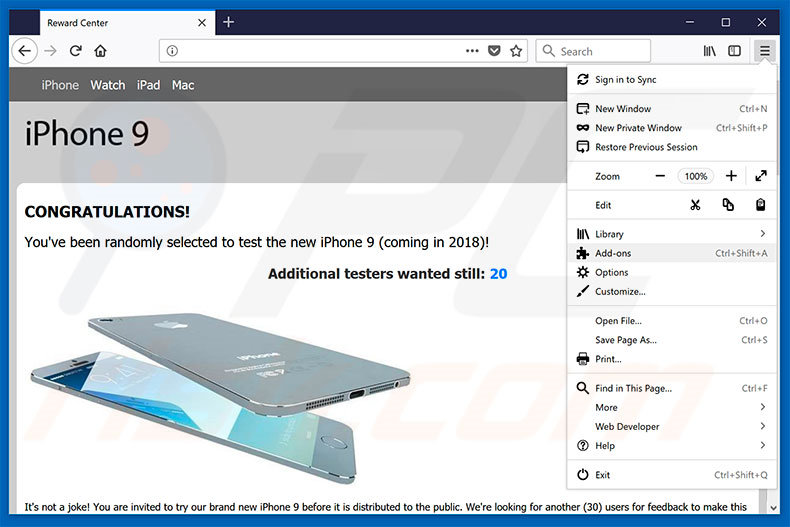 Verwijder You've Been Selected To Test iPhone 9 advertenties uit Mozilla Firefox stap 1