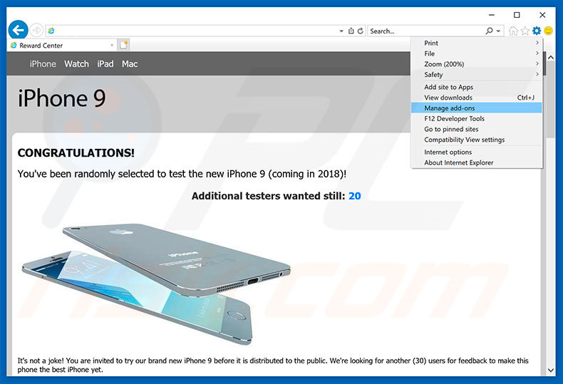 Verwijder You've Been Selected To Test iPhone 9 advertenties uit Internet Explorer stap 1
