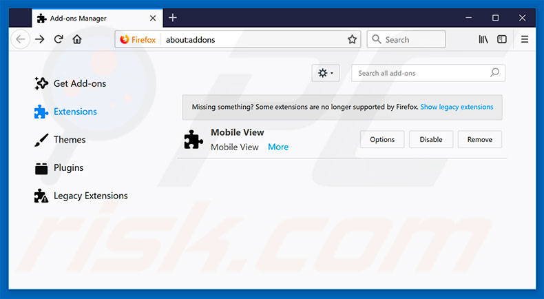 Verwijdering frauduleuze extensies uit Mozilla Firefox stap 2