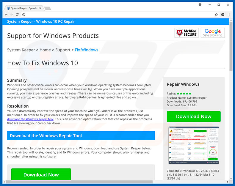 Windows Defender Security Center promoot System Keeper